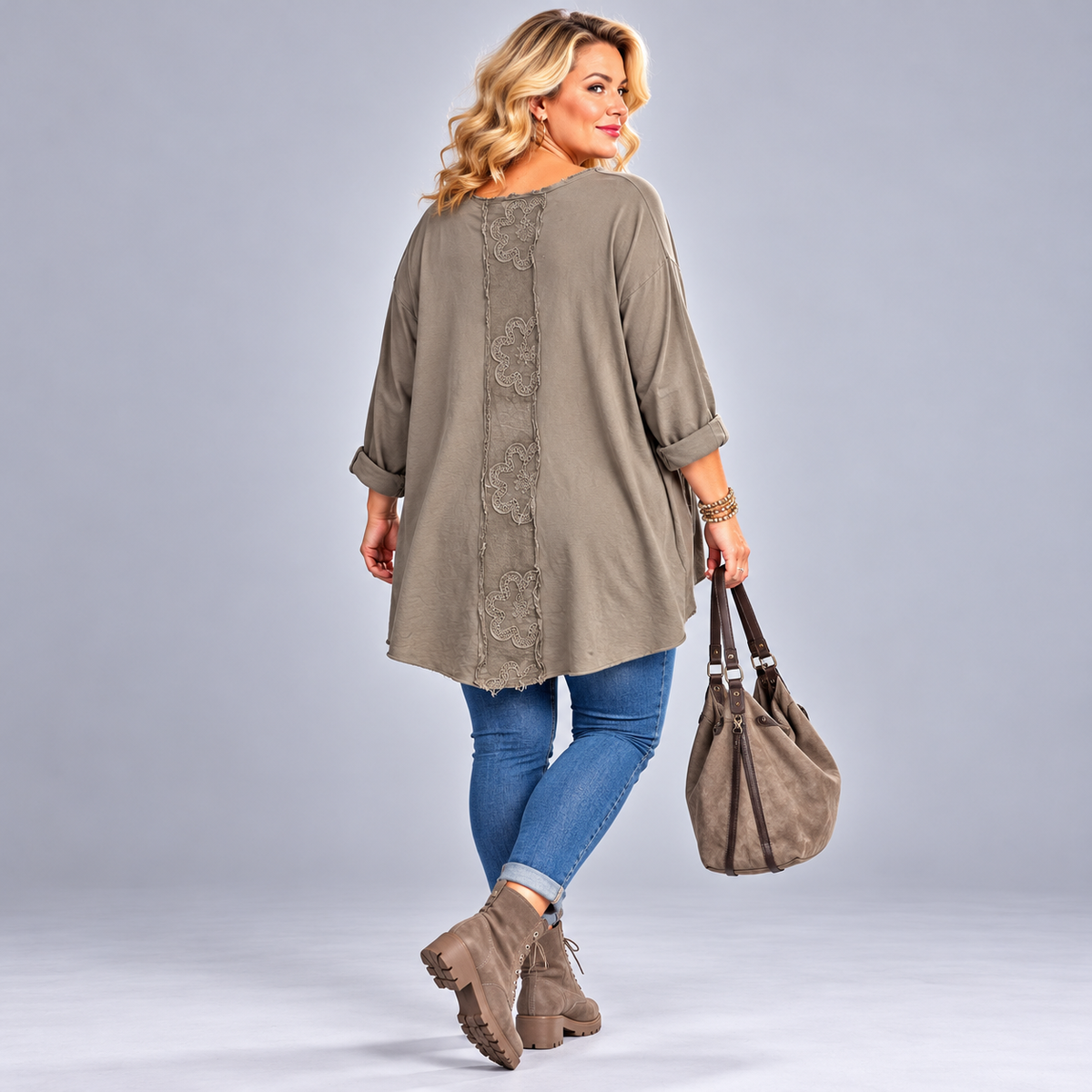 Loose Fitting Long Cotton Top with Dipped Hem