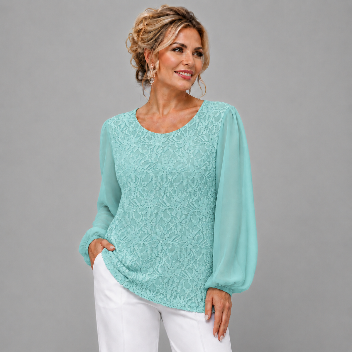 Lace Blouse with Long Chiffon Sleeves