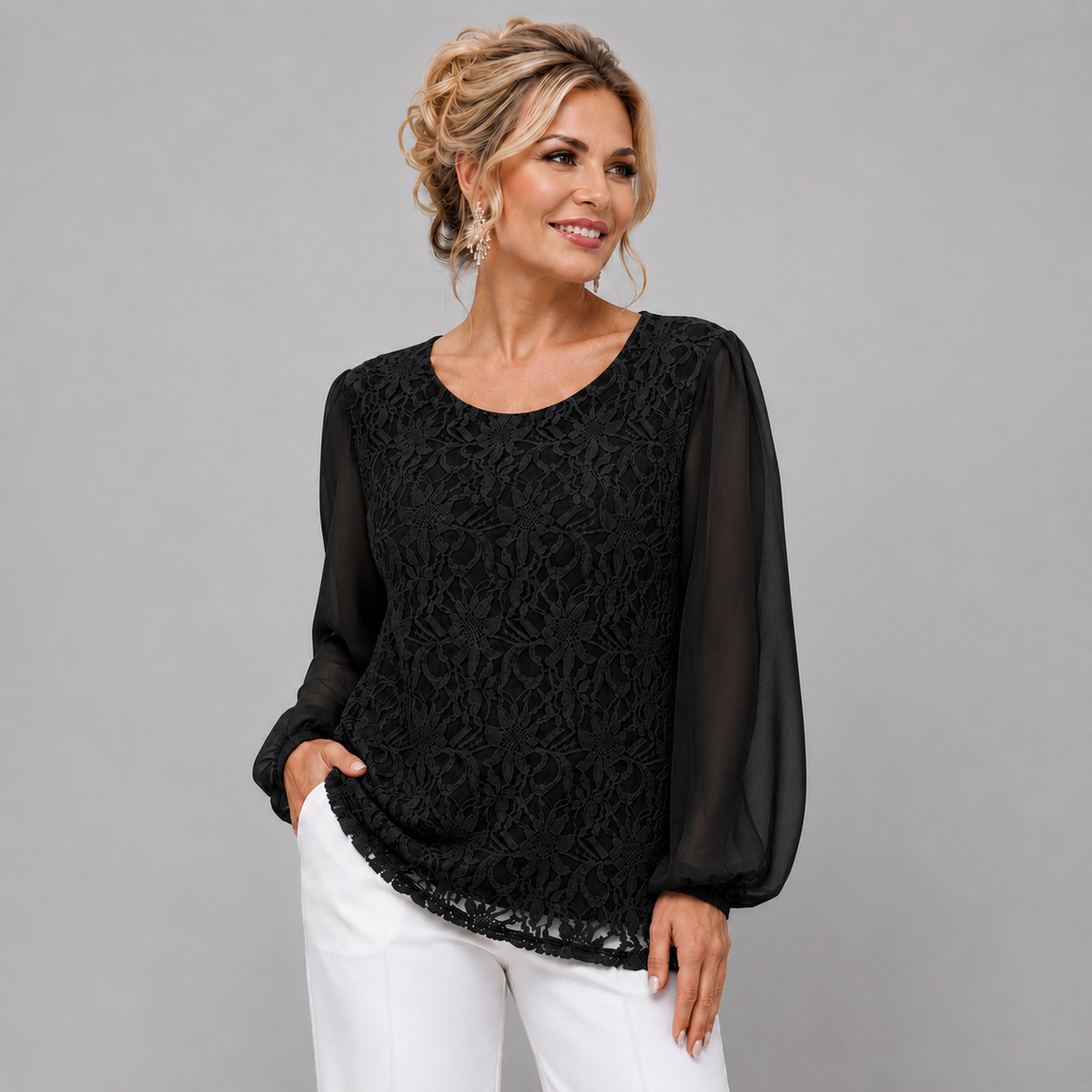 Lace Blouse with Long Chiffon Sleeves