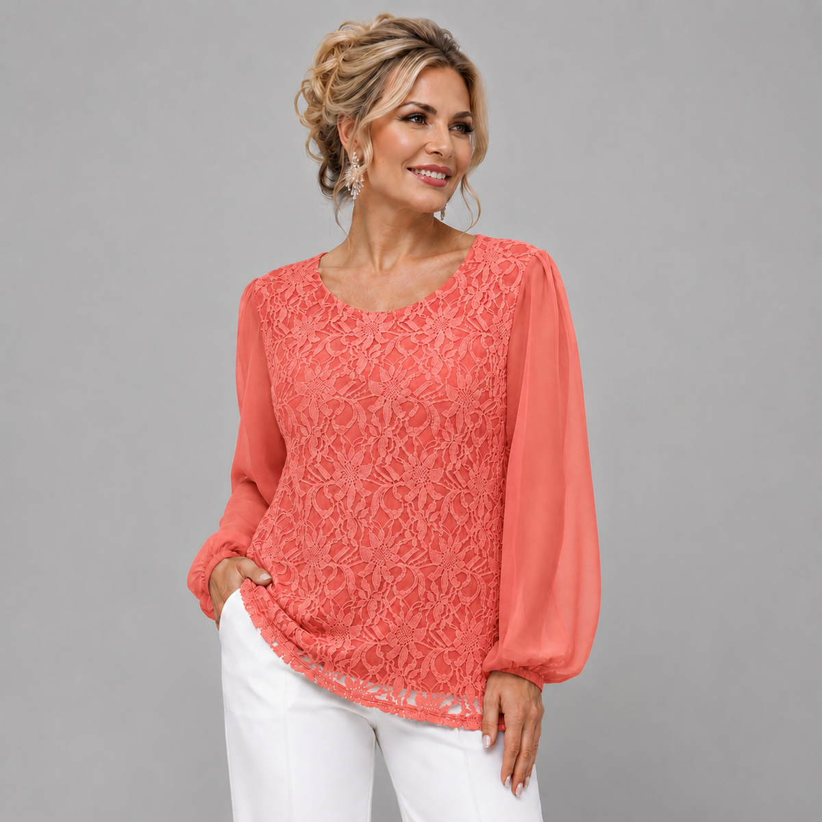 Lace Blouse with Long Chiffon Sleeves
