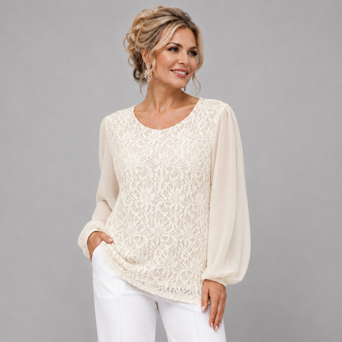 Lace Blouse with Long Chiffon Sleeves