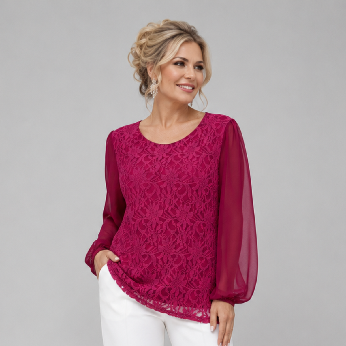 Lace Blouse with Long Chiffon Sleeves