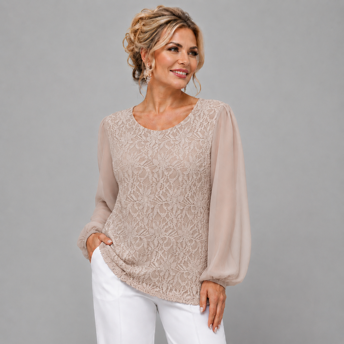 Lace Blouse with Long Chiffon Sleeves