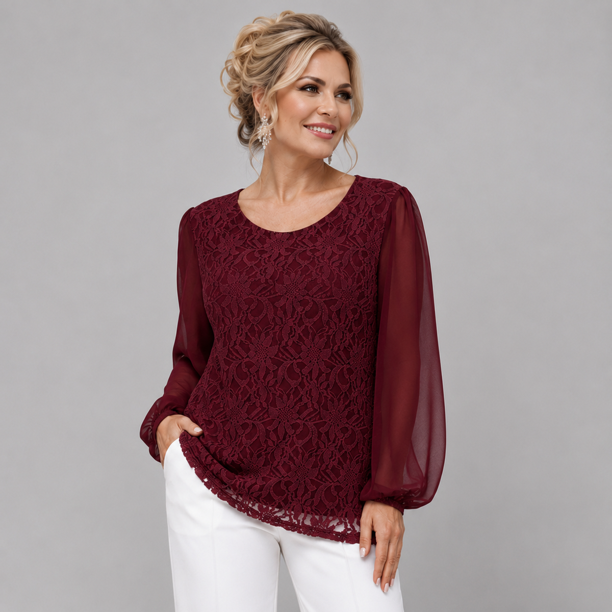 Lace Blouse with Long Chiffon Sleeves