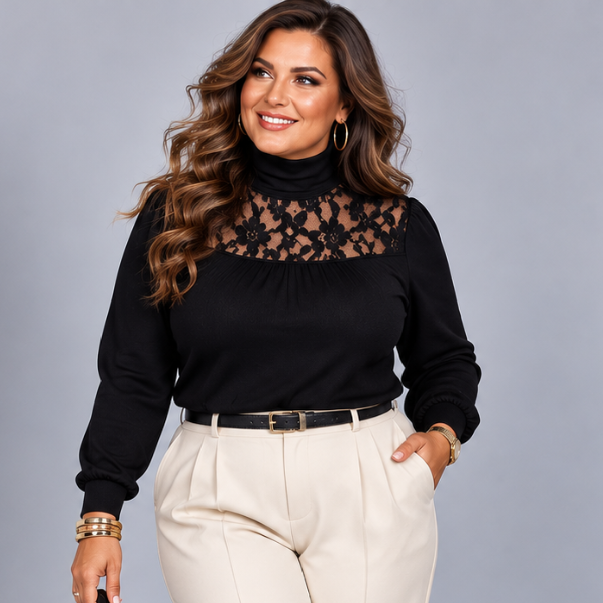 Polo Neck Lace Neckline Long Sleeve Top