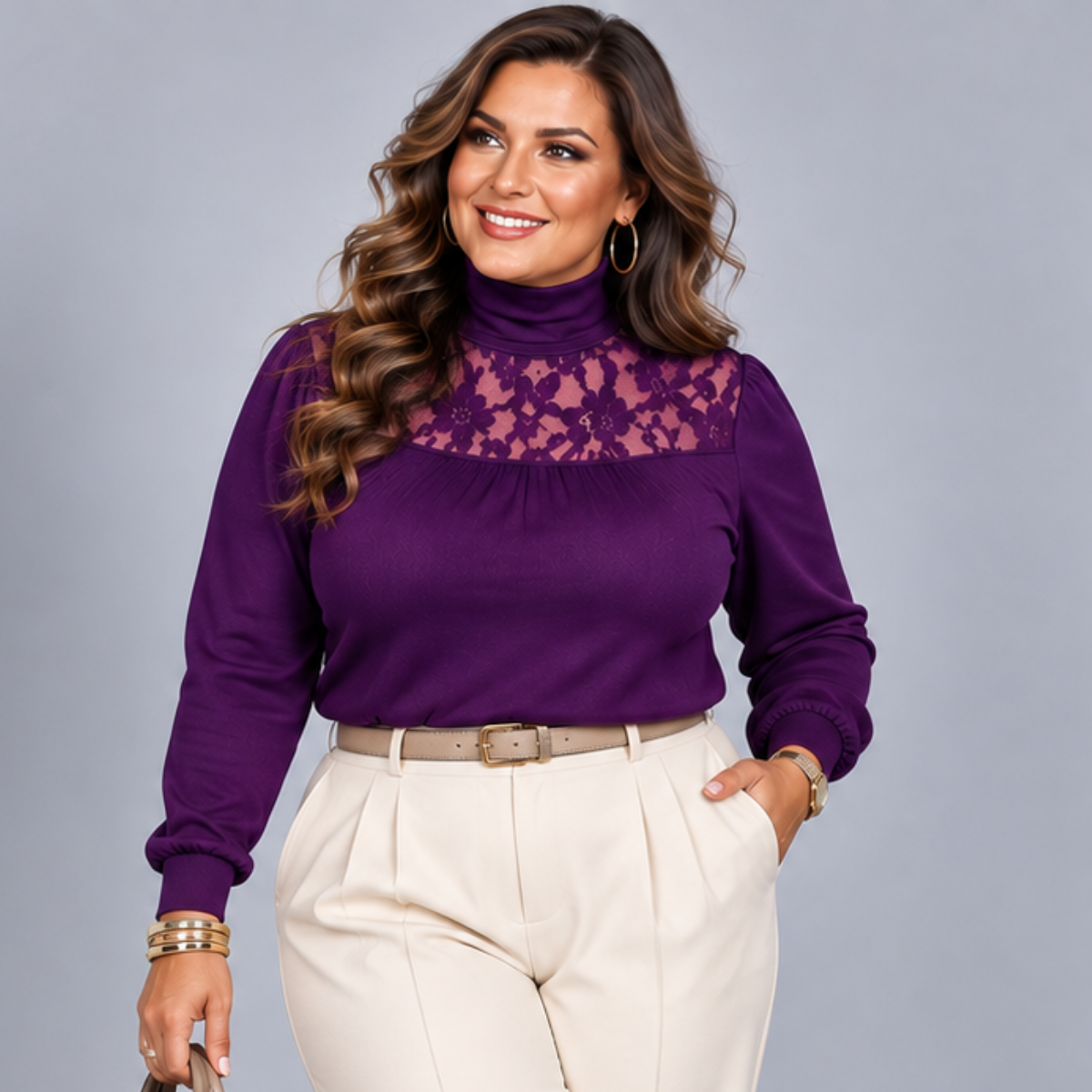 Polo Neck Lace Neckline Long Sleeve Top