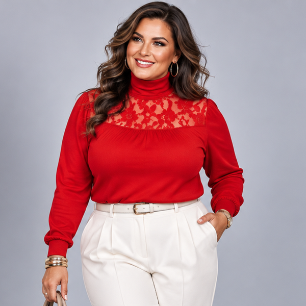 Polo Neck Lace Neckline Long Sleeve Top