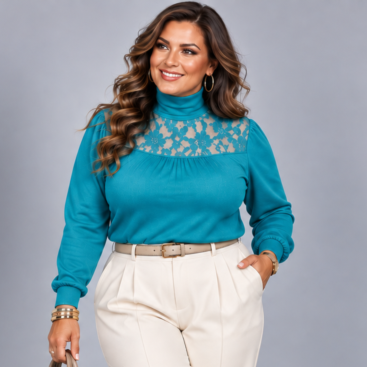 Polo Neck Lace Neckline Long Sleeve Top