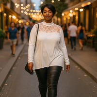 Polo Neck Lace Neckline Long Sleeve Top