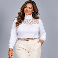 Polo Neck Lace Neckline Long Sleeve Top