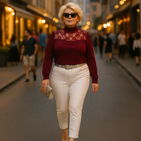 Polo Neck Lace Neckline Long Sleeve Top