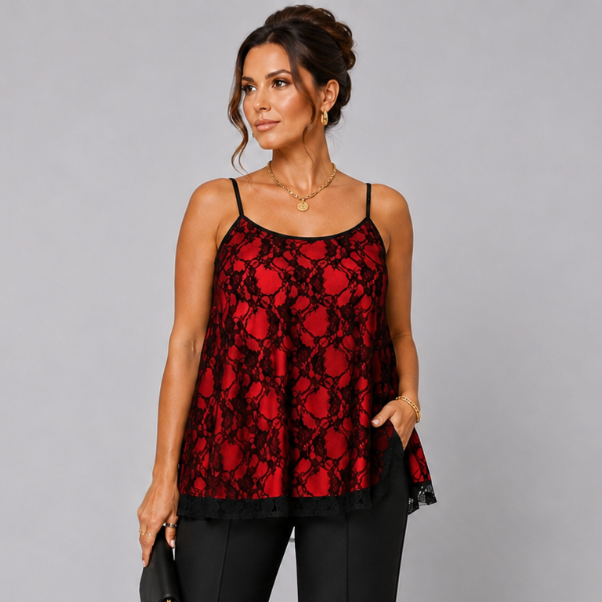 Black Lace Cami Vest / Swing Top with Co-ordinating Lining