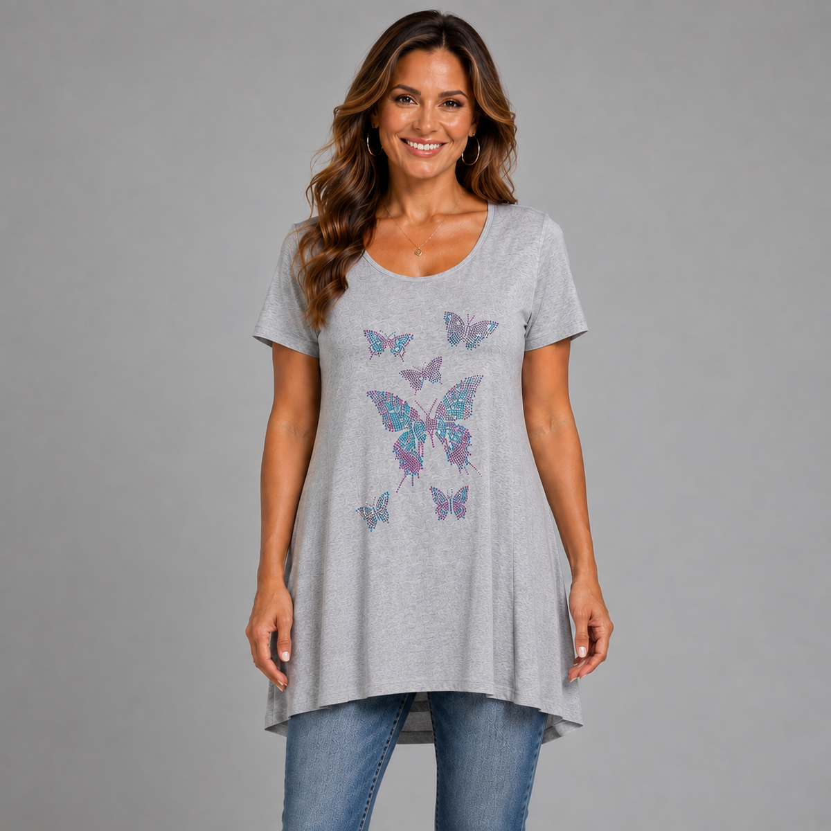 Flared Hem Studded Butterflies Long Top