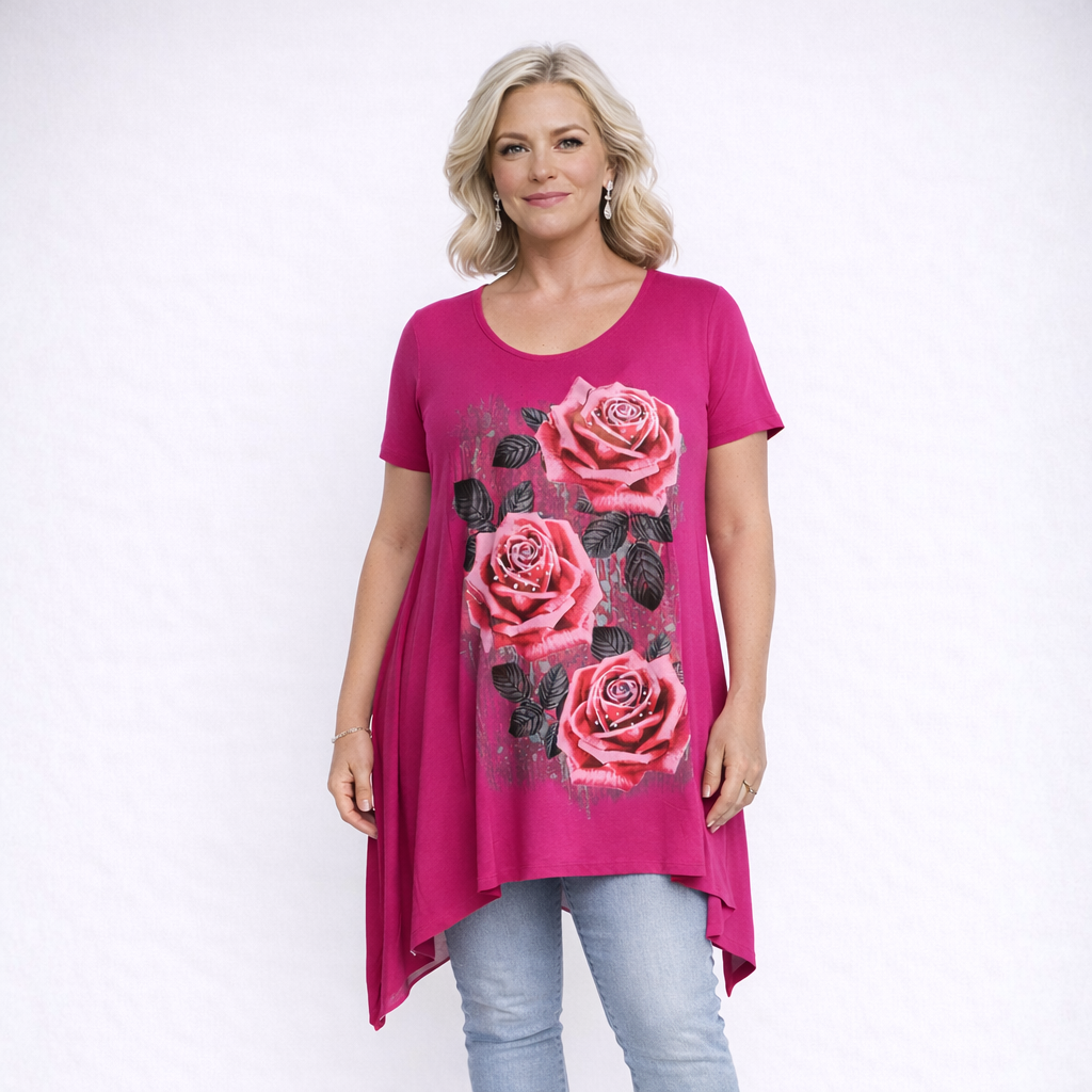 Roses Print Short Sleeve Hanky Hem Top