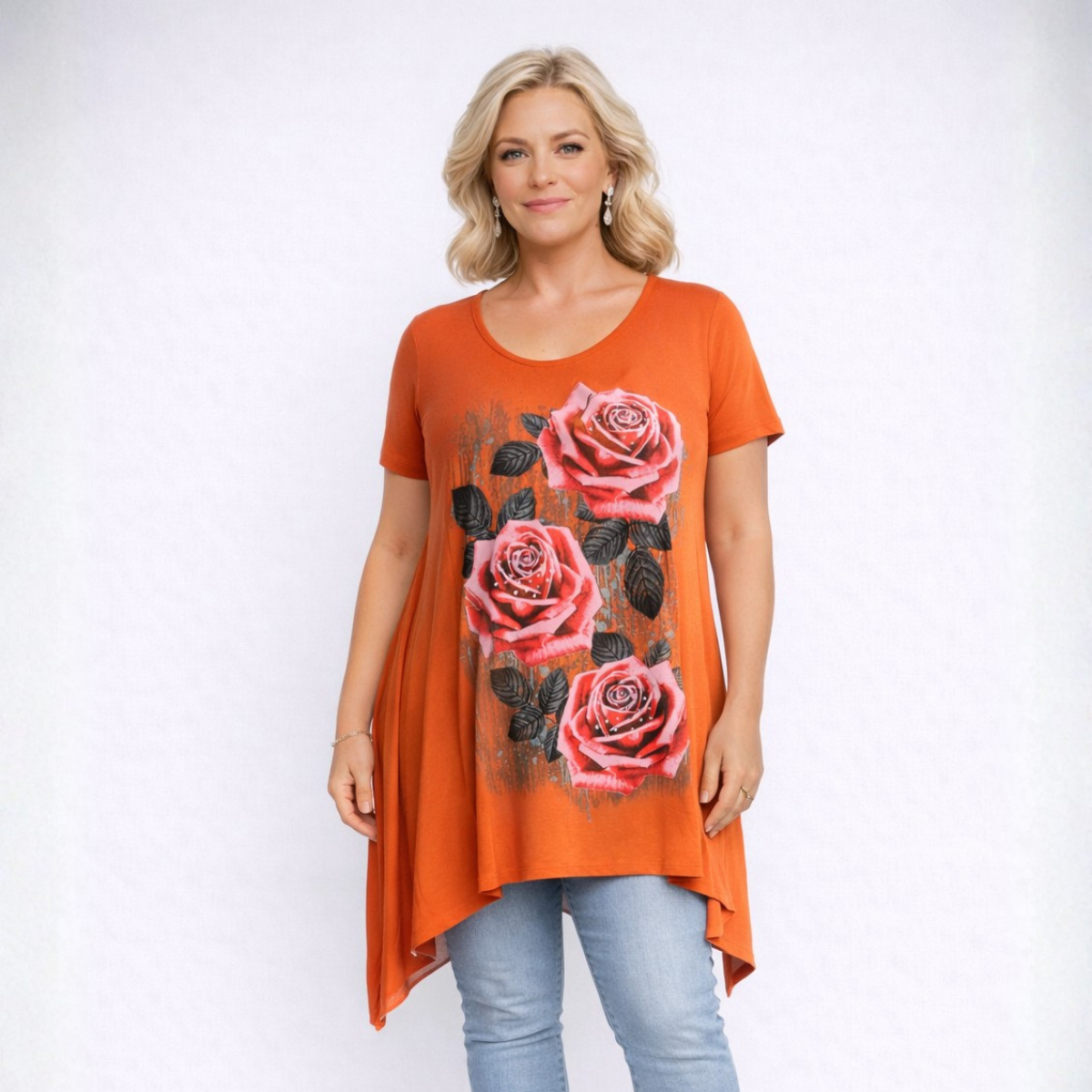 Roses Print Short Sleeve Hanky Hem Top