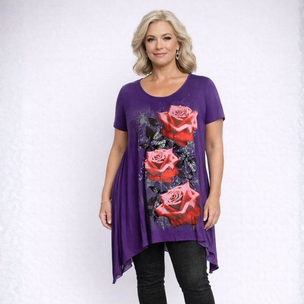 Roses Print Short Sleeve Hanky Hem Top