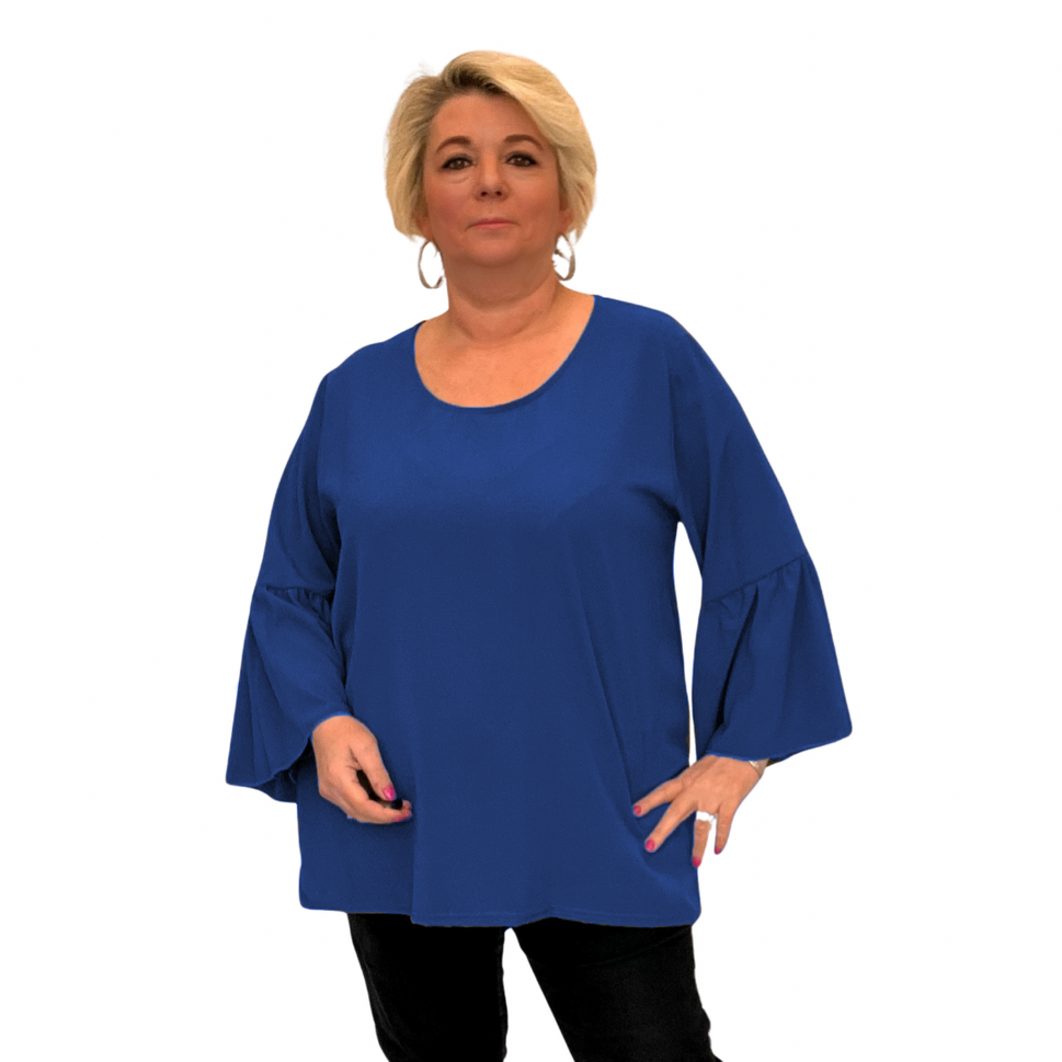 PLAIN STRAIGHT CUT ROUND NECK BLOUSE WITH BELL SLEEVESROYAL BLUE / UK 14