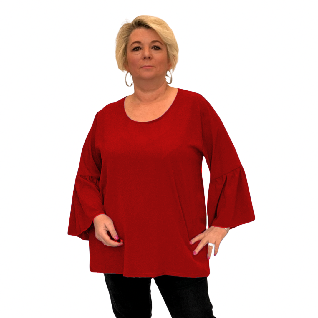 PLAIN STRAIGHT CUT ROUND NECK BLOUSE WITH BELL SLEEVES