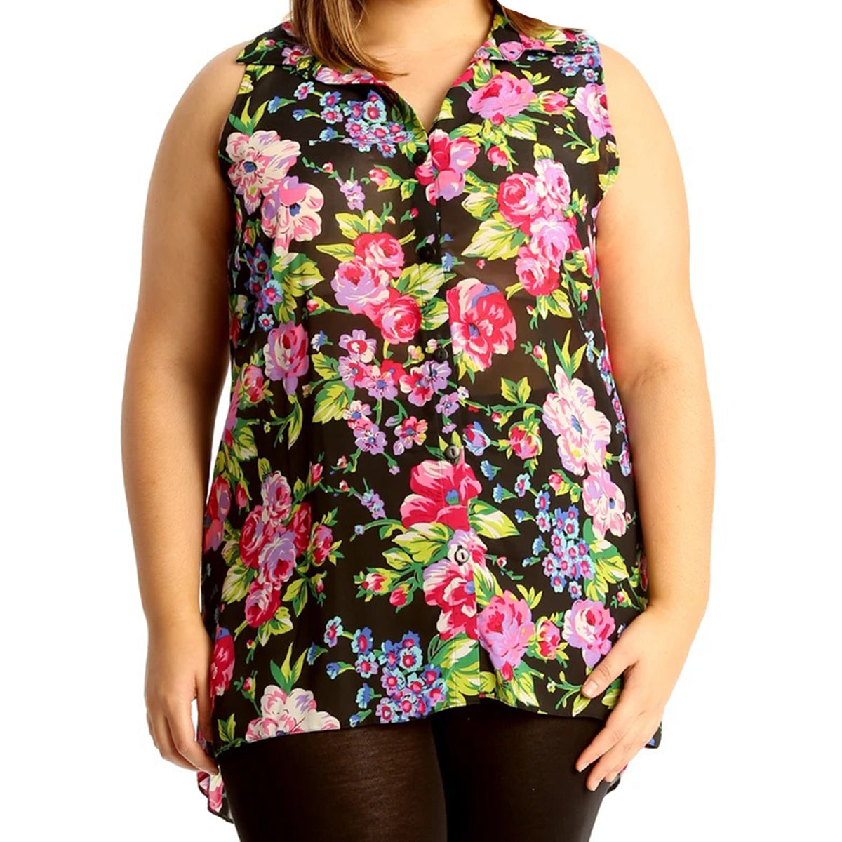 ROCKTHOSECURVES BLACK FLORAL SLEEVELESS CHIFFON SHIRT WITH DIPPED HEM