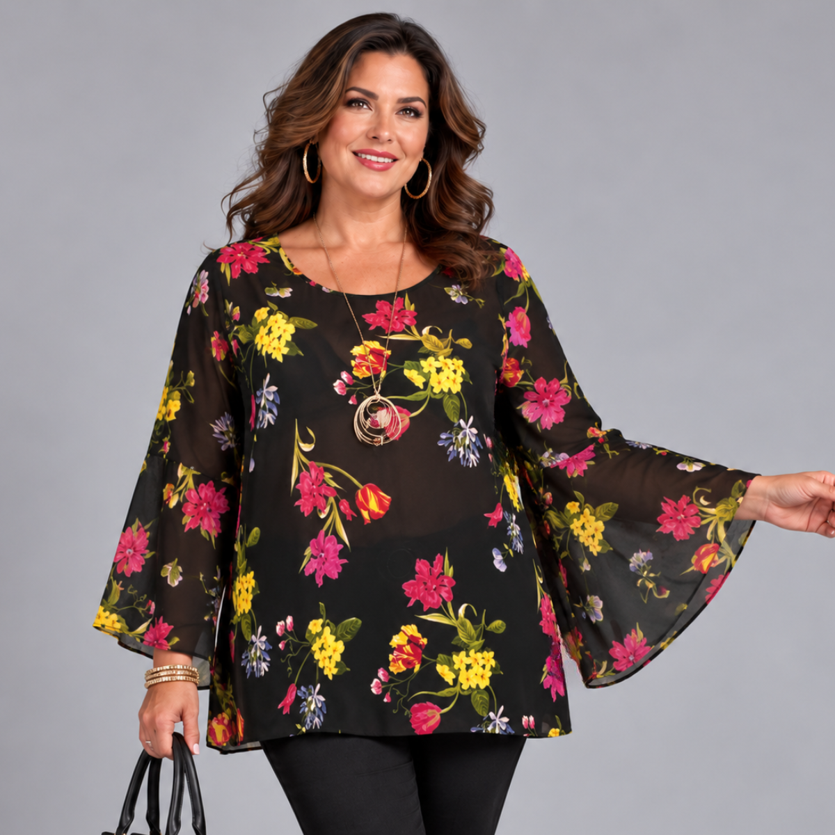 FLORAL CHIFFON BLOUSE WITH BELL SLEEVES