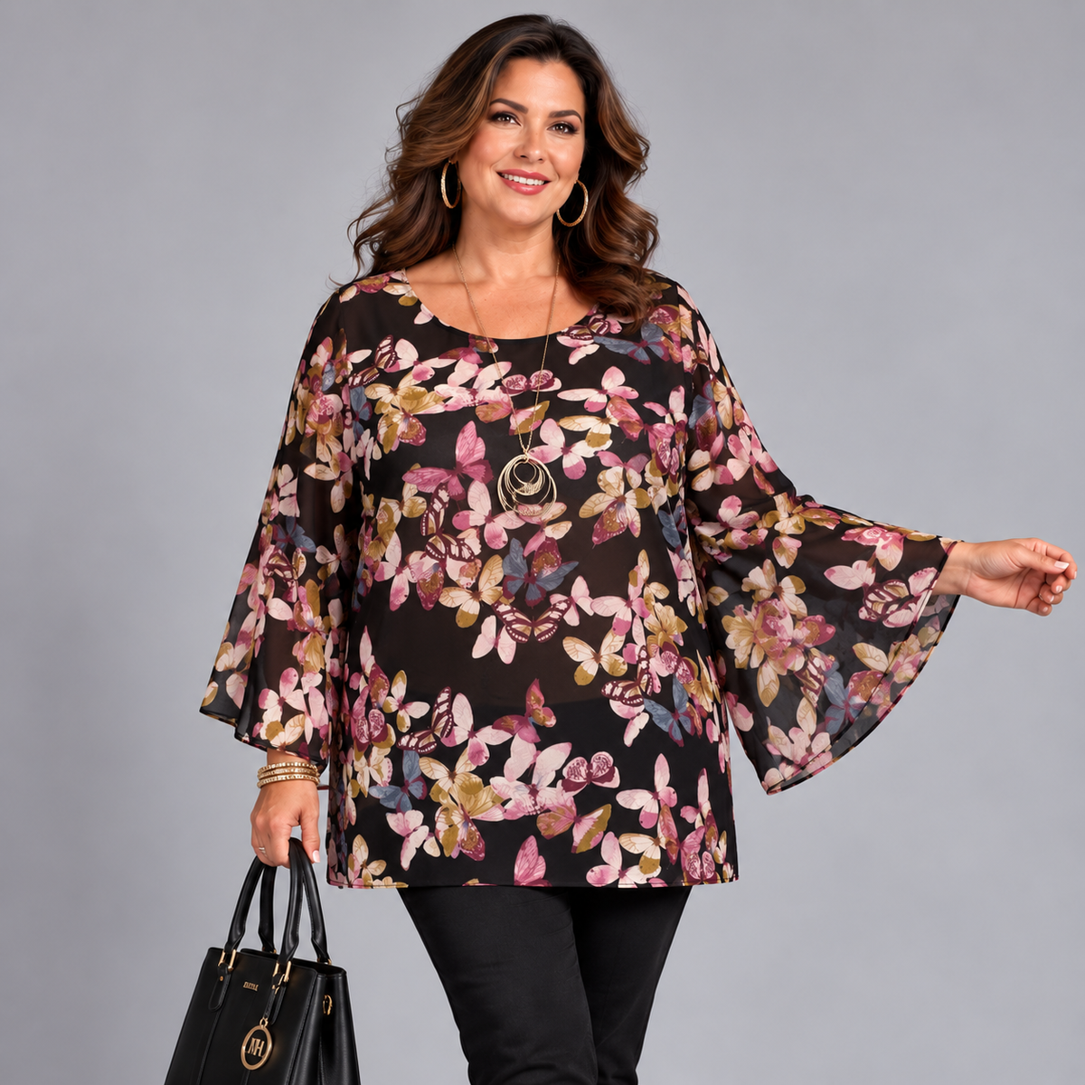 FLORAL CHIFFON BLOUSE WITH BELL SLEEVES