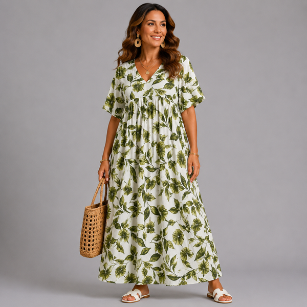 Leaf Print V-Neck Loose Fitting Maxi Dress