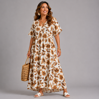 Leaf Print V-Neck Loose Fitting Maxi Dress
