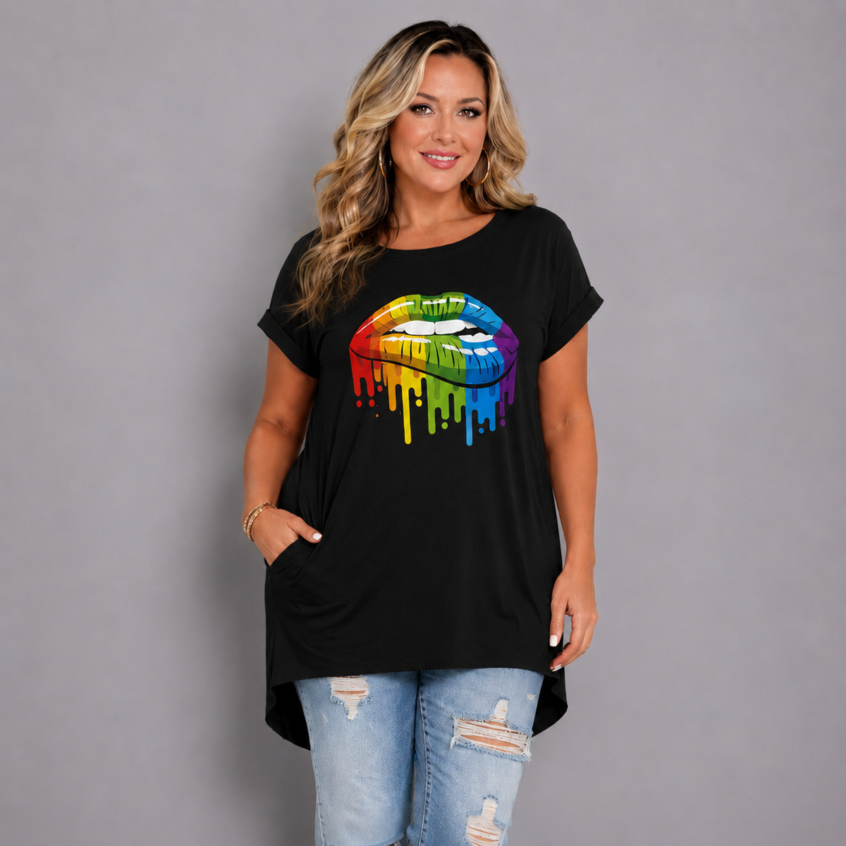 Rainbow Lips Long Pocket T-shirt