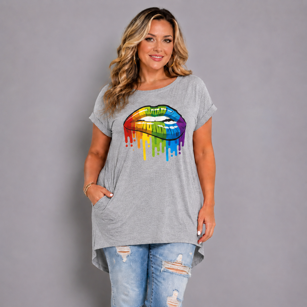 Rainbow Lips Long Pocket T-shirt