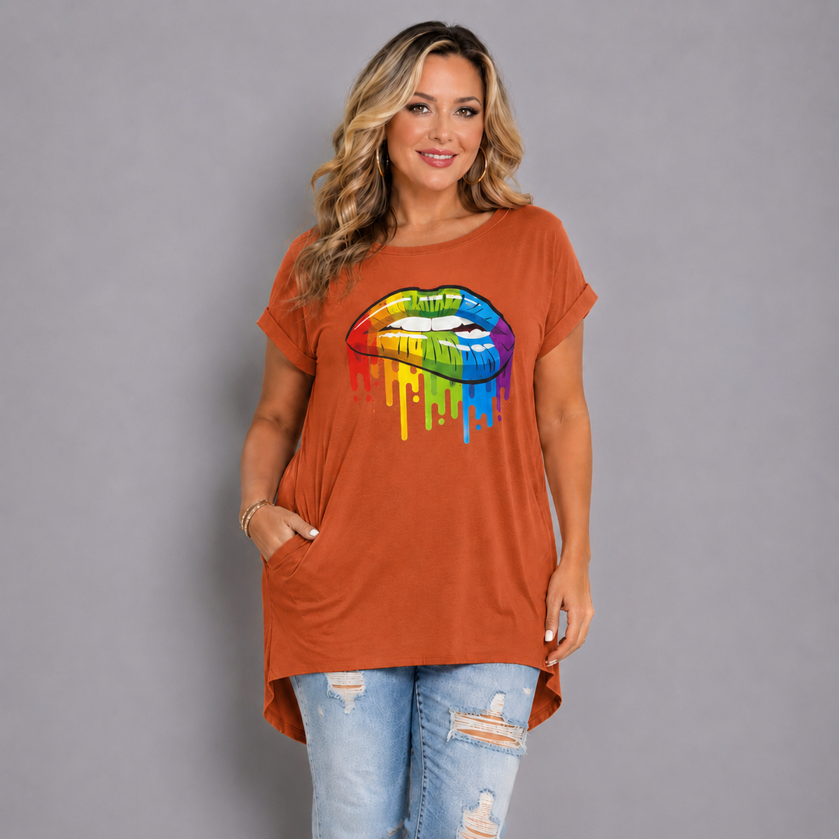 Rainbow Lips Long Pocket T-shirt