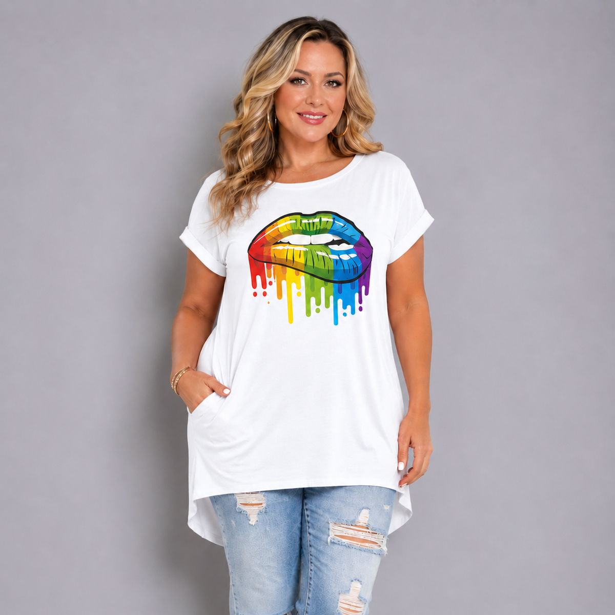 Rainbow Lips Long Pocket T-shirt