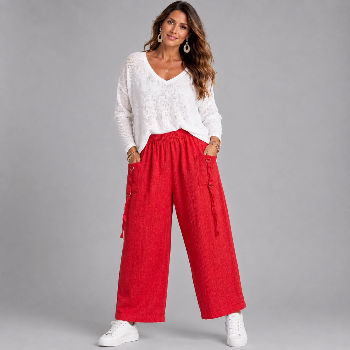 Cotton Elastic Waist Palazzo Trousers with D-Ring Pockets