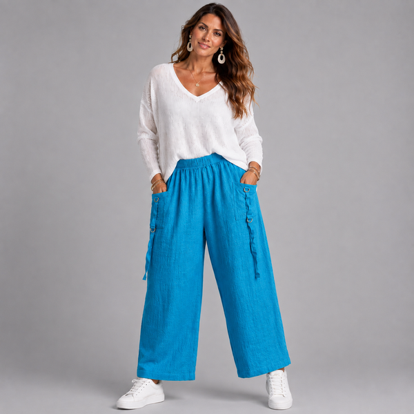Cotton Elastic Waist Palazzo Trousers with D-Ring Pockets