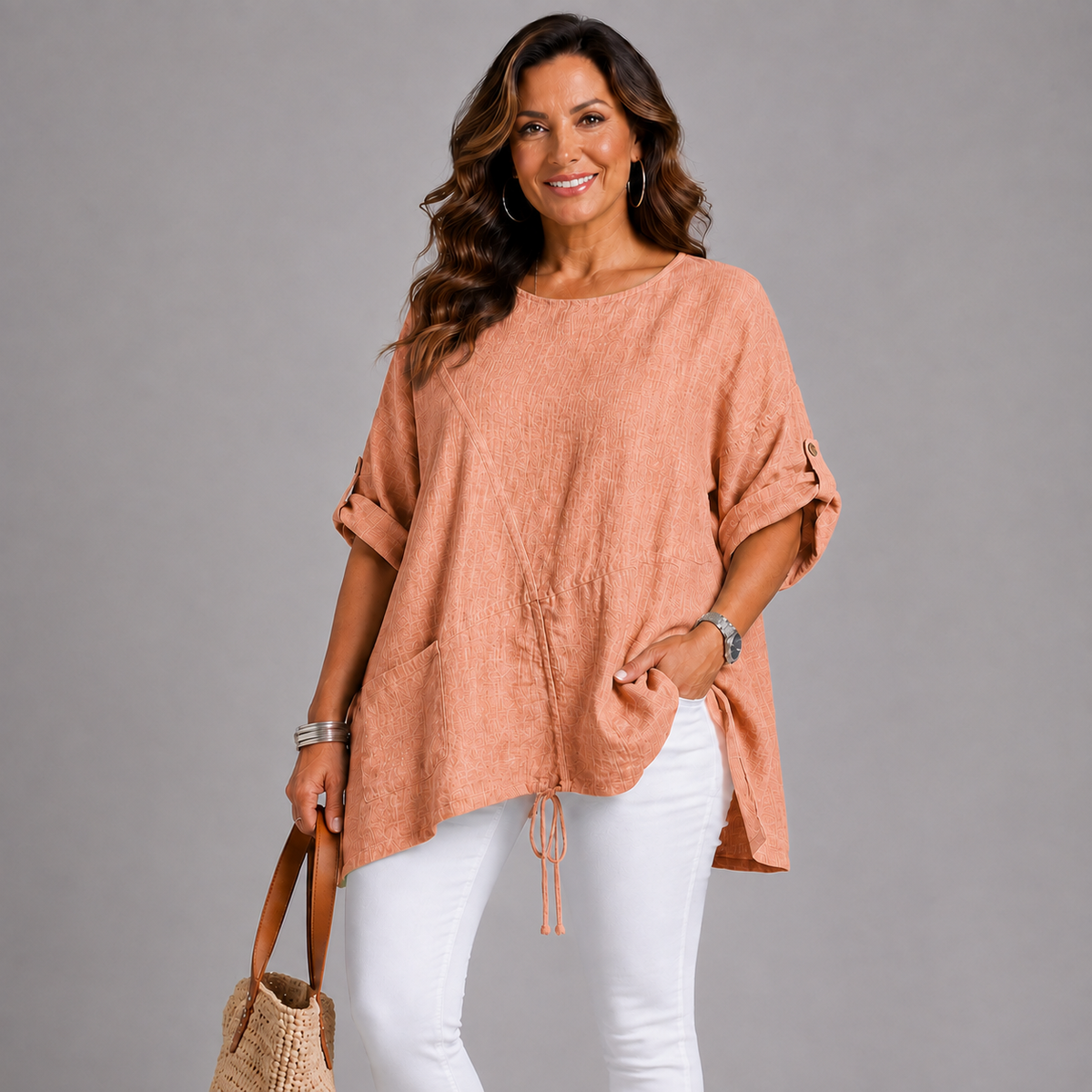 Linen Mix Drawstring & Pocket Blouse / Top