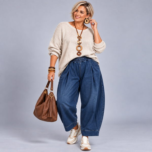 Blue Stretch Denim Elasticated Waist Balloon Leg Jeans