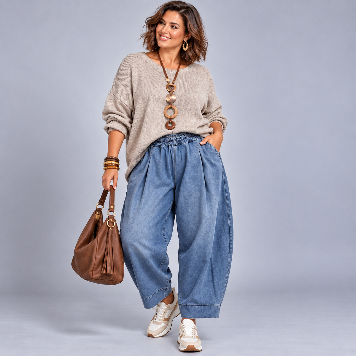 Blue Stretch Denim Elasticated Waist Balloon Leg Jeans