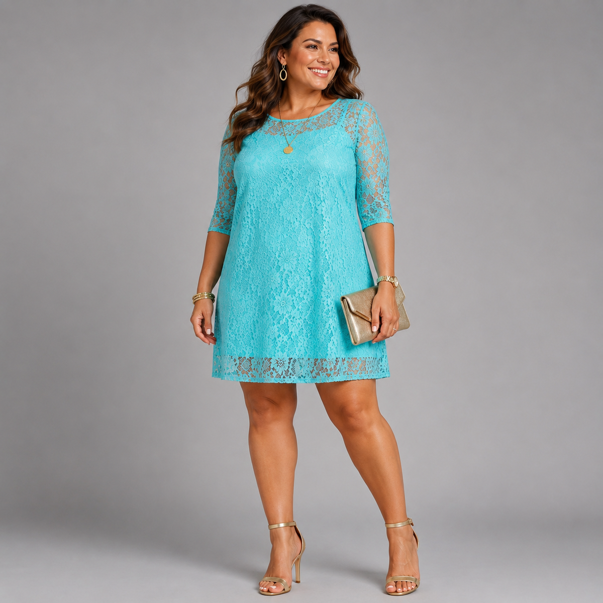 Fine Lace 3/4 Sleeve Swing Dress with Sweetheart Neckline
