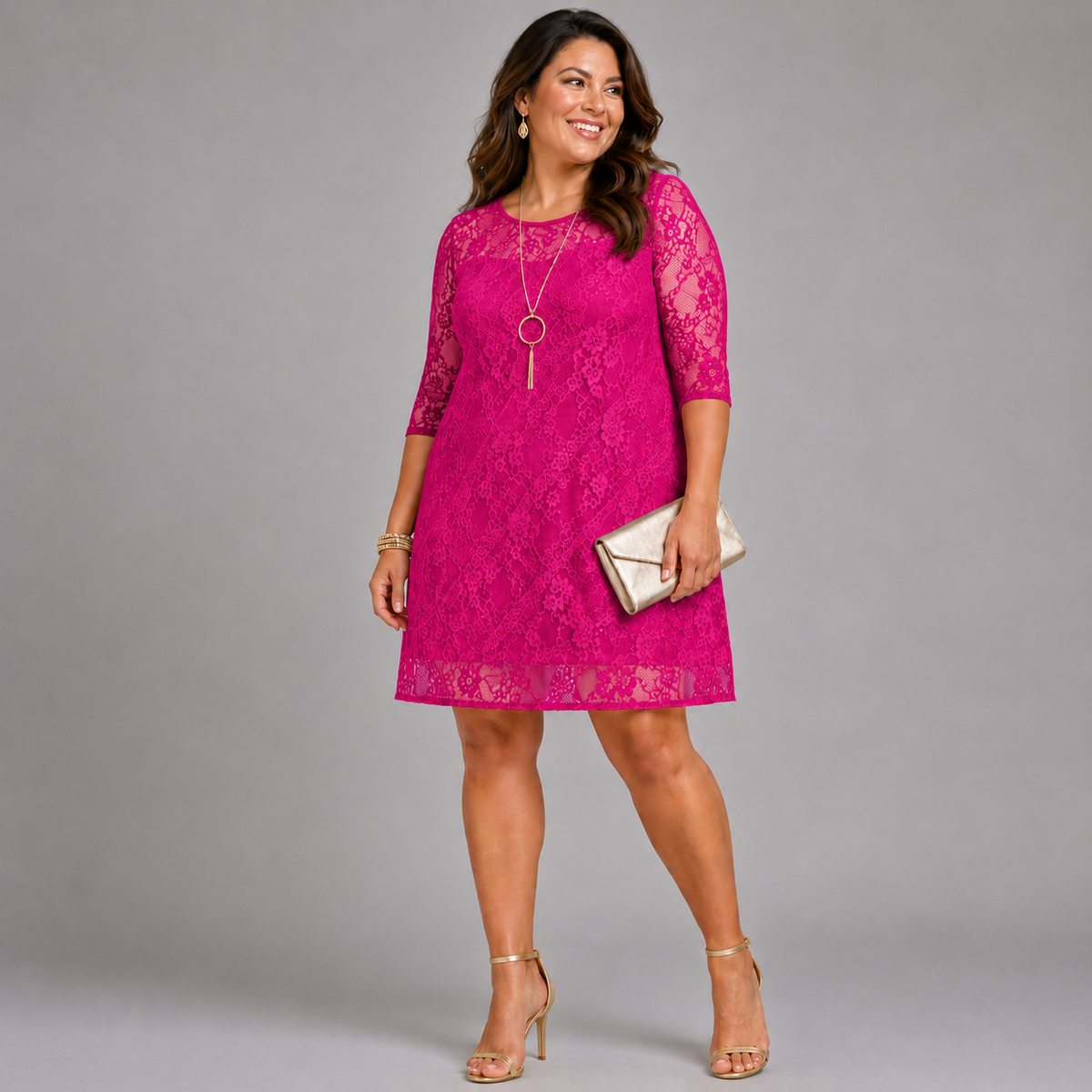 Fine Lace 3/4 Sleeve Swing Dress with Sweetheart Neckline