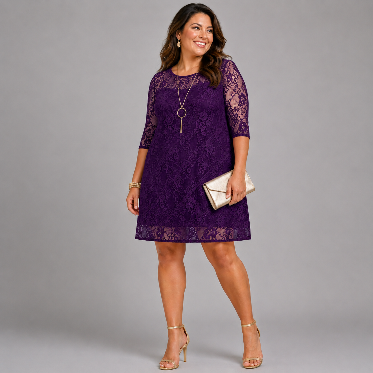 Fine Lace 3/4 Sleeve Swing Dress with Sweetheart Neckline