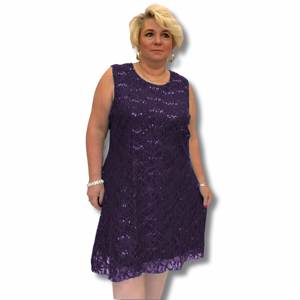 SEQUIN + LACE SLEEVELESS SHIFT PARTY / EVENING DRESSPurple / UK 12-14