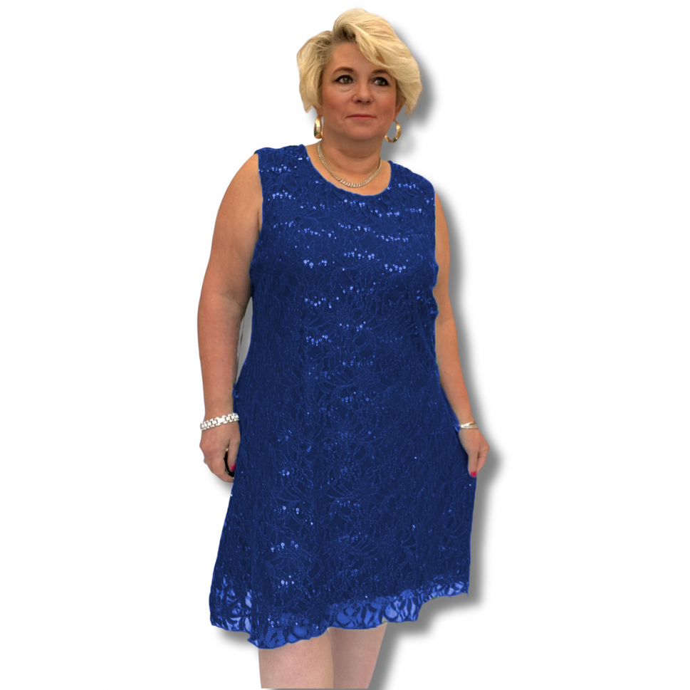 SEQUIN + LACE SLEEVELESS SHIFT PARTY / EVENING DRESSRoyal Blue / UK 12-14