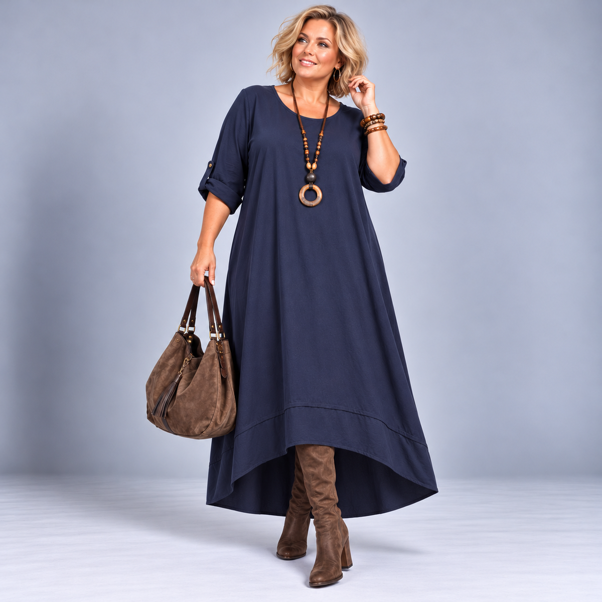 Heavy Cotton Maxi Dress with Panel Dipped Hem