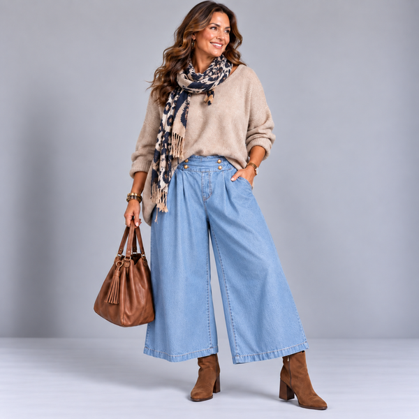 Stretch 3/4 Wide Leg Elastic Waist Jeans