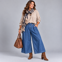 Stretch 3/4 Wide Leg Elastic Waist Jeans