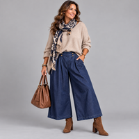 Stretch 3/4 Wide Leg Elastic Waist Jeans