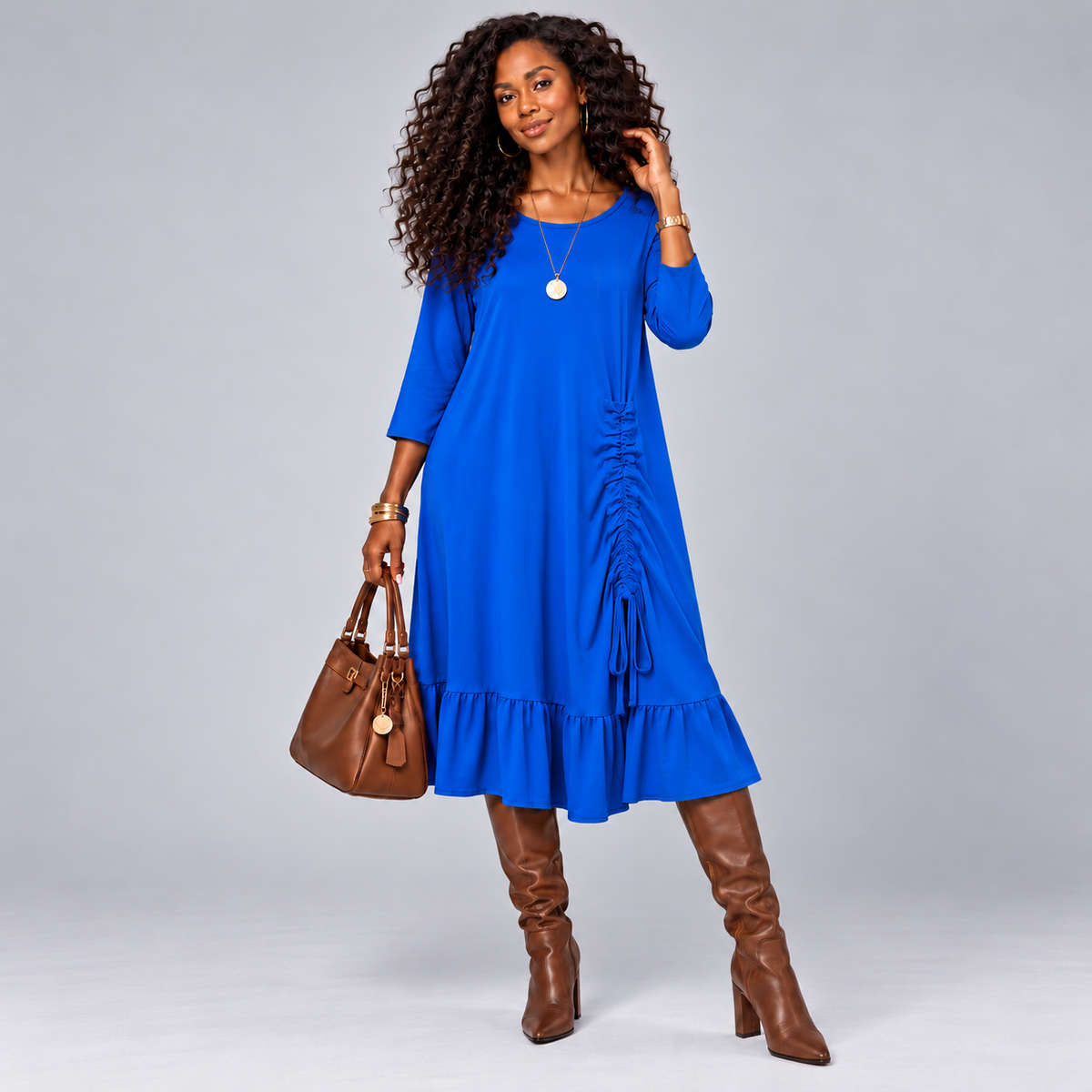 Frilled Hem Drawstring Midi Dress