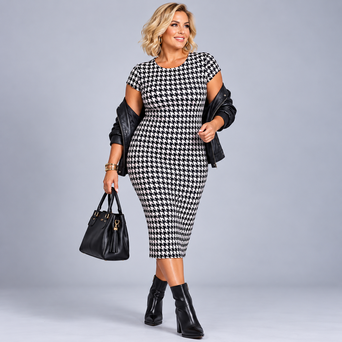 Dogtooth Short Sleeve Stretchy T-Shirt Midi Dress