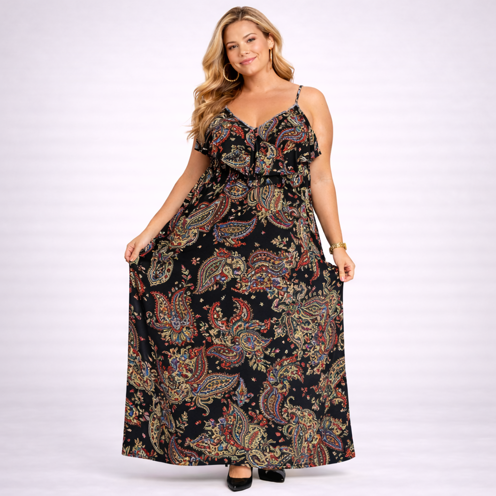 Woman wearing a long, patterned dress on a white background