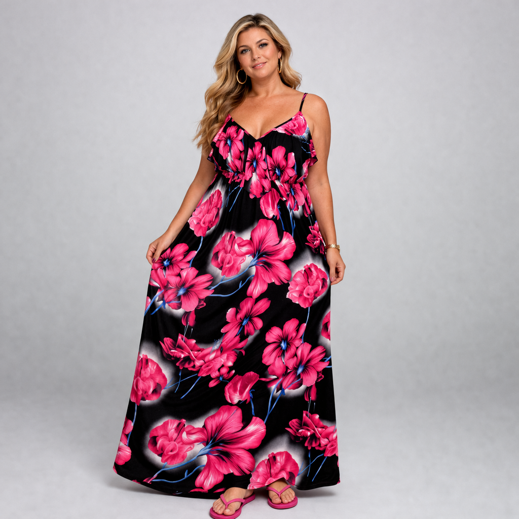 Woman wearing a floral dress with pink flowers on a black background