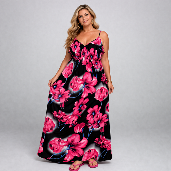 Woman wearing a floral dress with pink flowers on a black background